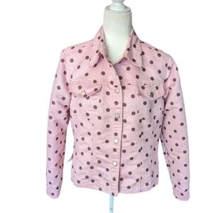 3 Sisters Y2K pink brushed soft jeans jacket style with brown polka dots. Sz M